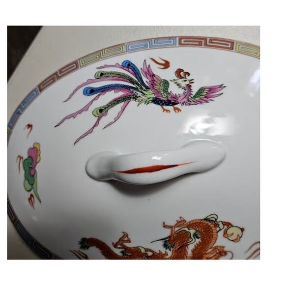 Nakazato Japanese Oval Casserole: Phoenix & Dragon Design Lidded Serving Bowl - Picture 9 of 11